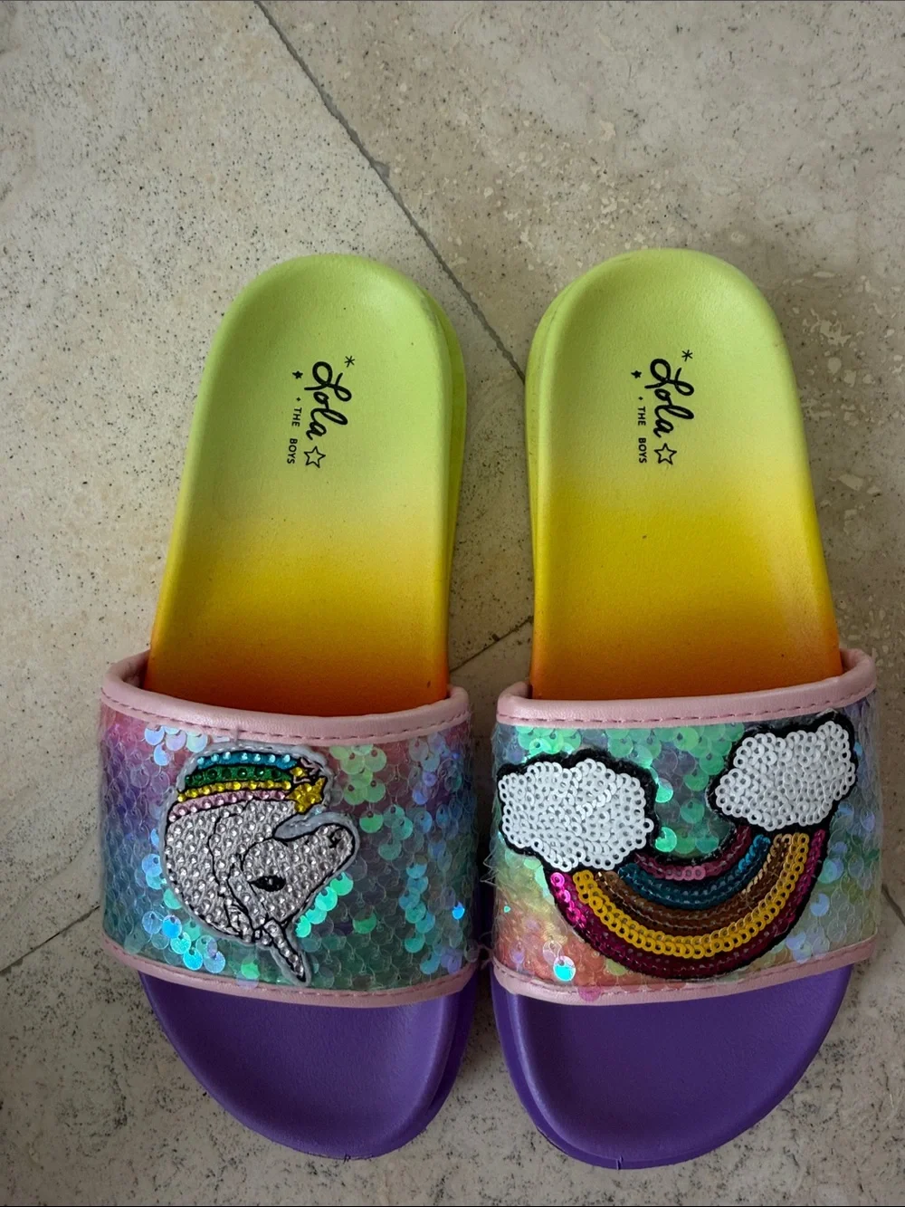Lola and the Boys Sequin Unicorn & Rainbow Slide Sandals for Kids